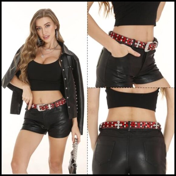 Rhinestone Cross Leopard Belt with Studded Design